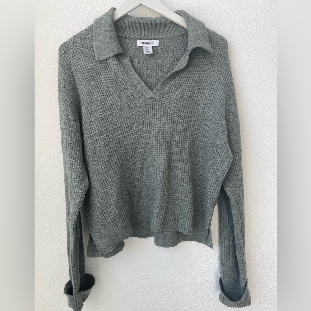 William Rast Women's Green Cropped Waffle Knit Collared V-Neck Sweater Size XL